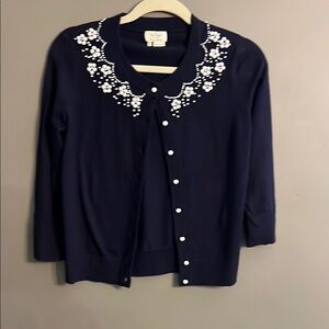 Kate Spade Navy Blue and White Cardigan with Floral Beading